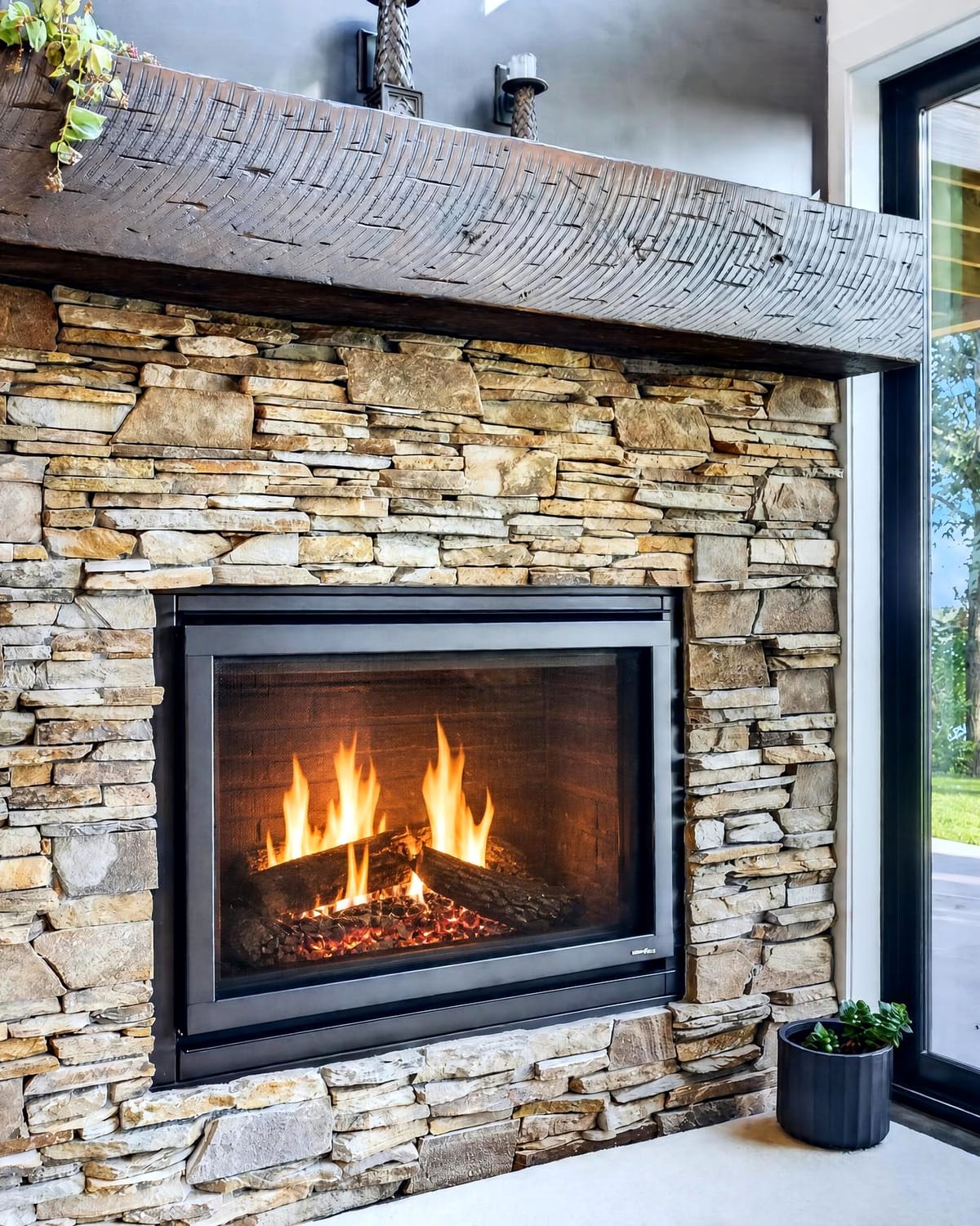 The fireplace: dry-stacked stone under a heavy timber mantel, lit.