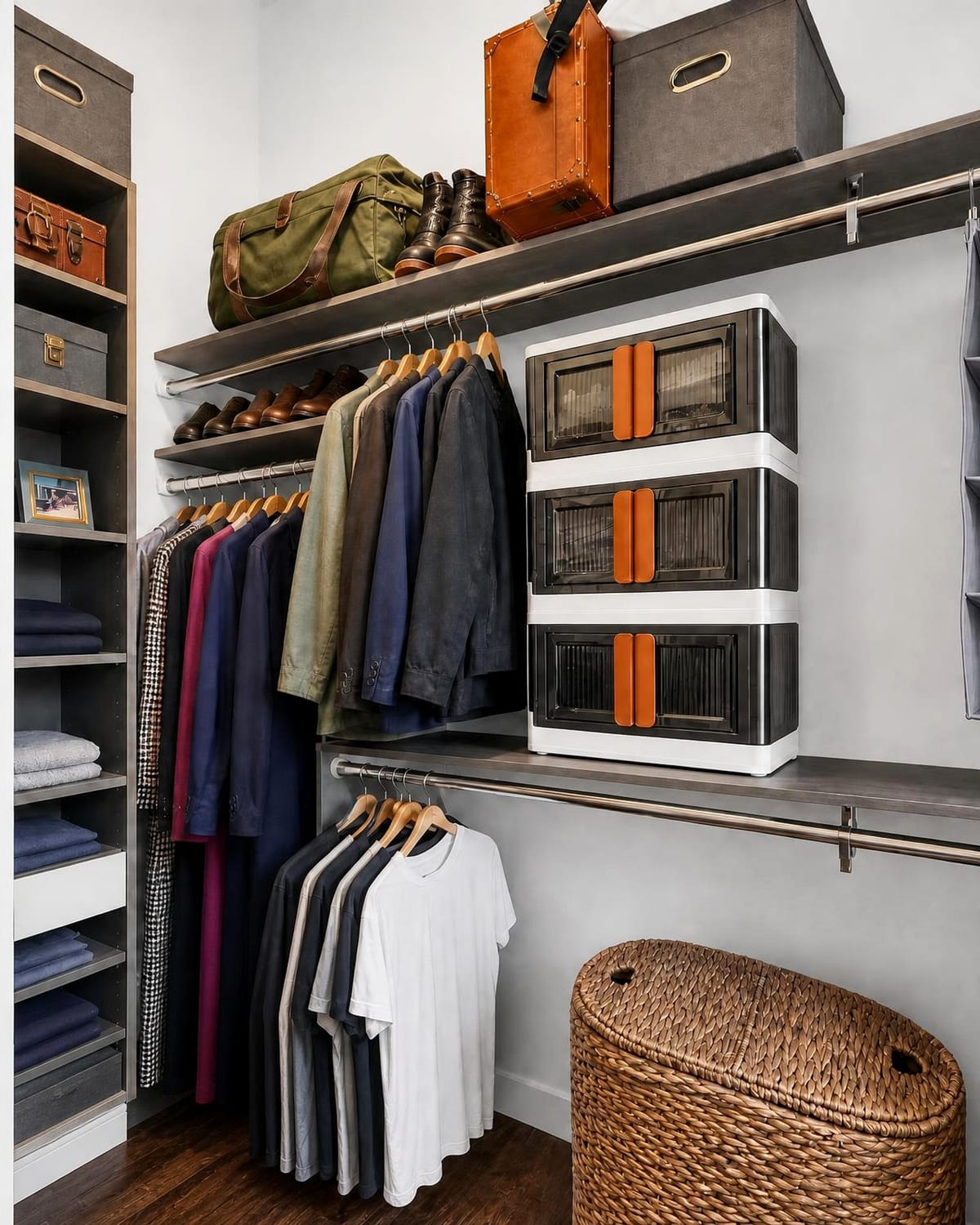 The walk-in closet, fitted out with hanging and shelving.